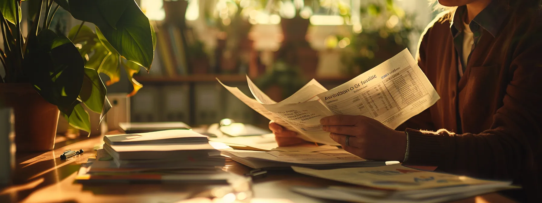 a person comparing different policy options with a stack of insurance documents and charts laid out on a desk in a well-lit room.