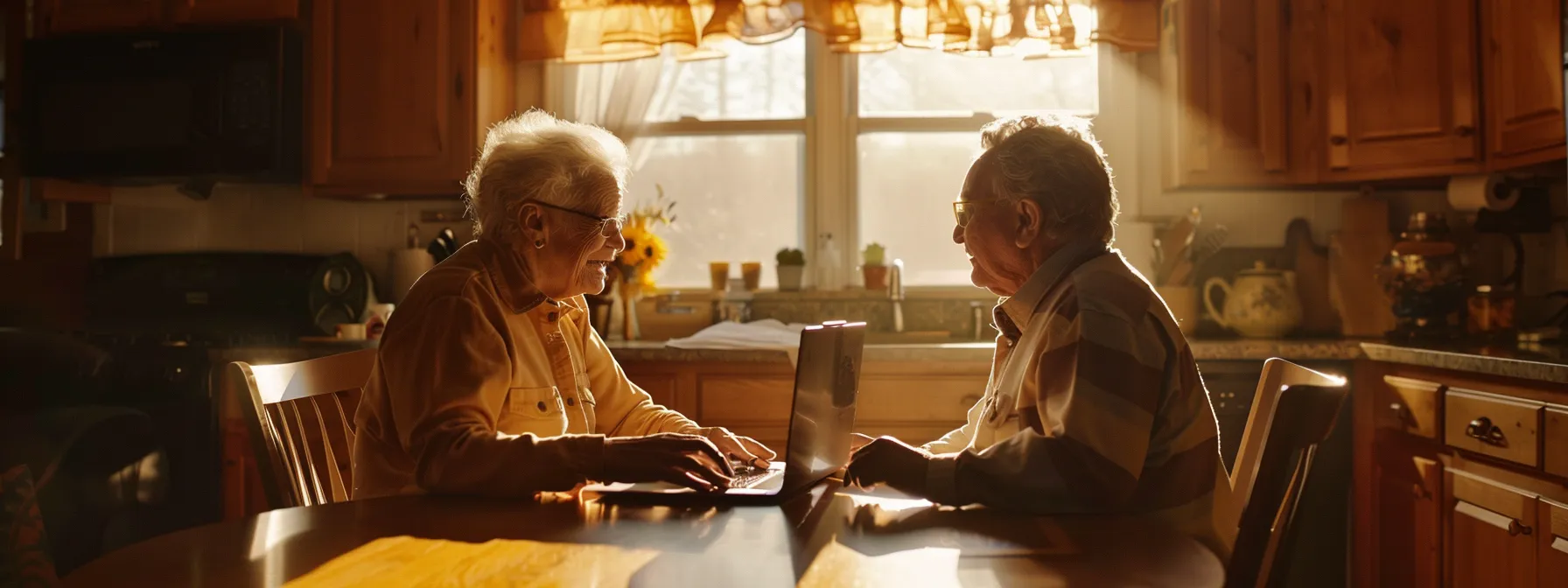 a senior couple sitting at a kitchen table, comparing final expense insurance costs and premiums on a laptop.