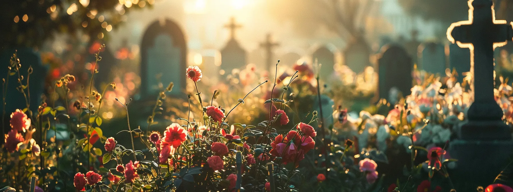 a peaceful cemetery with gravestones surrounded by vibrant flowers, symbolizing the coverage options available in final expense insurance.