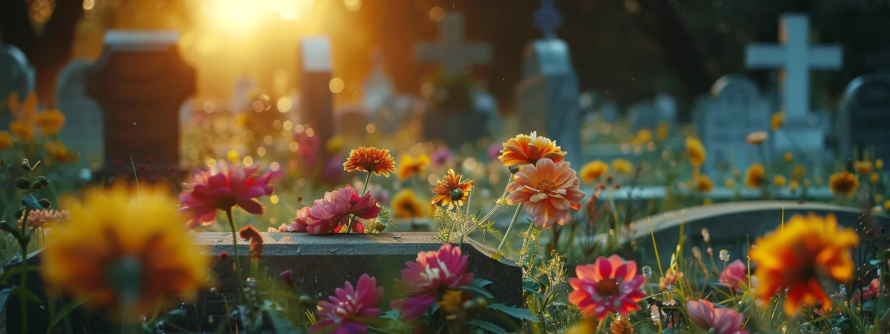 a serene cemetery with colorful flowers adorning gravestones, illustrating the concept of prepaid funeral plans and peace of mind.