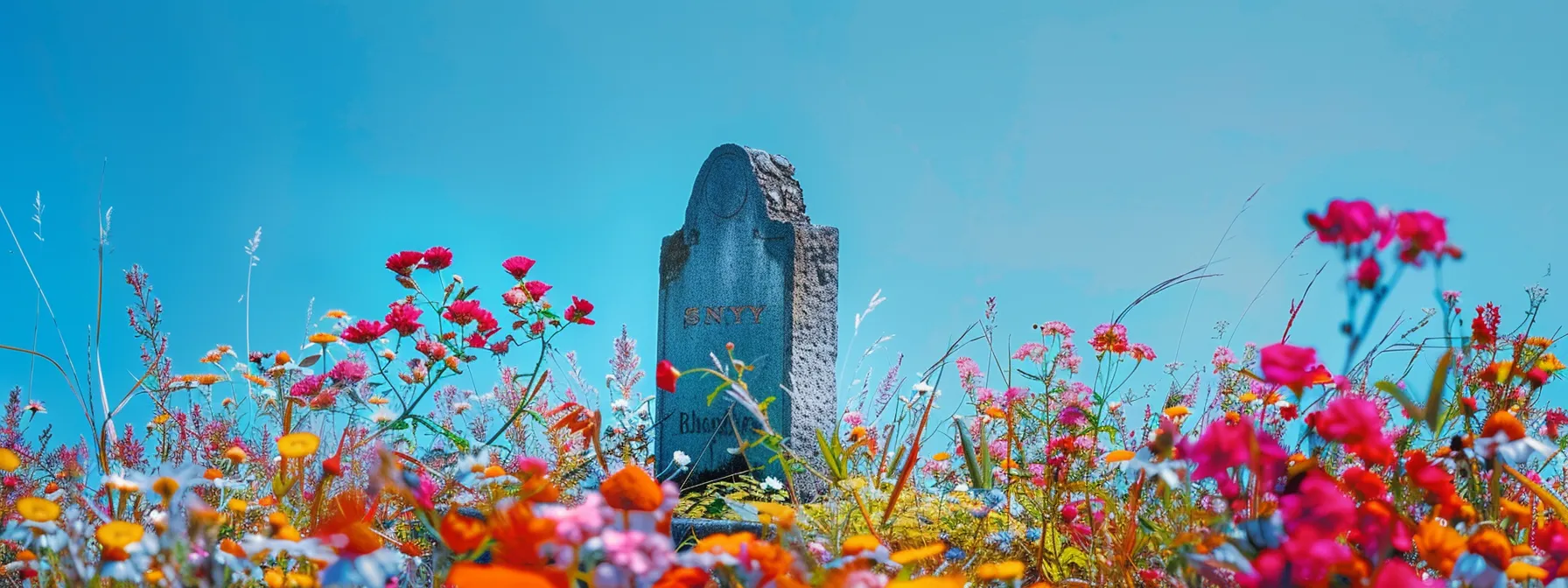 a serene cemetery with a single gravestone surrounded by colorful flowers under a clear blue sky.