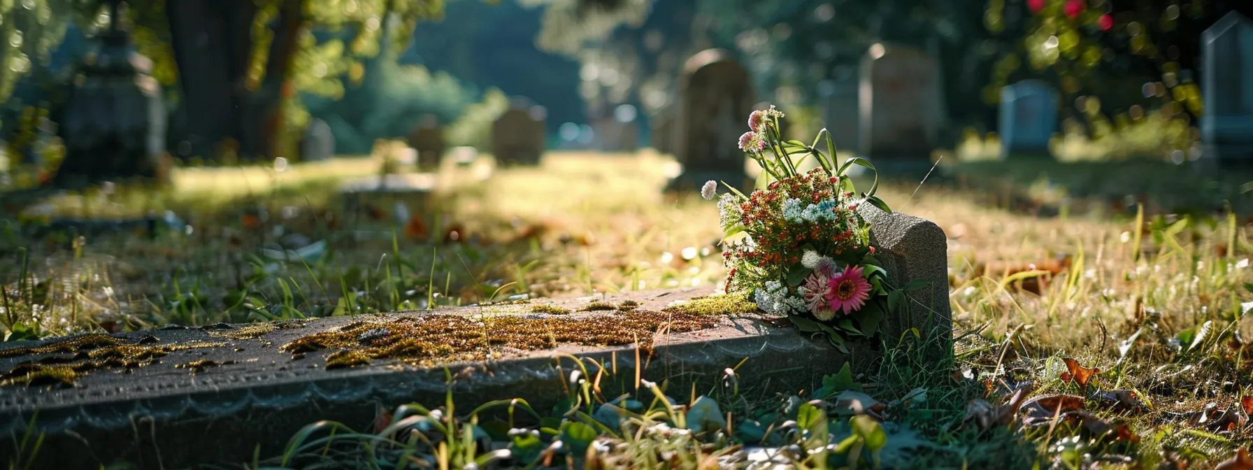 a peaceful cemetery with a single freshly laid bouquet of flowers on a headstone.