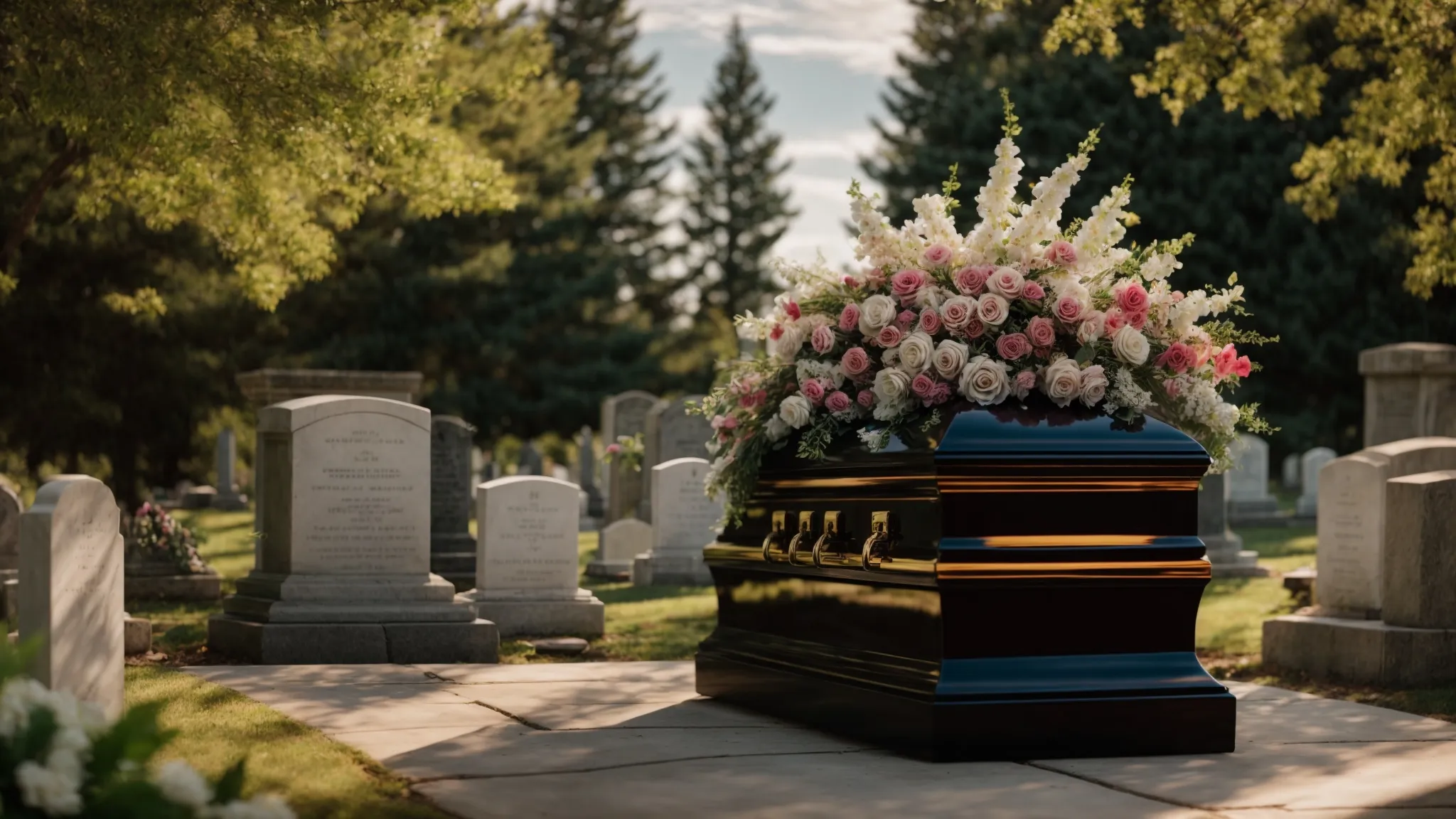 a serene cemetery setting with a beautiful casket surrounded by flowers and mourners, illustrating the financial protection provided by final expense insurance for funeral costs.