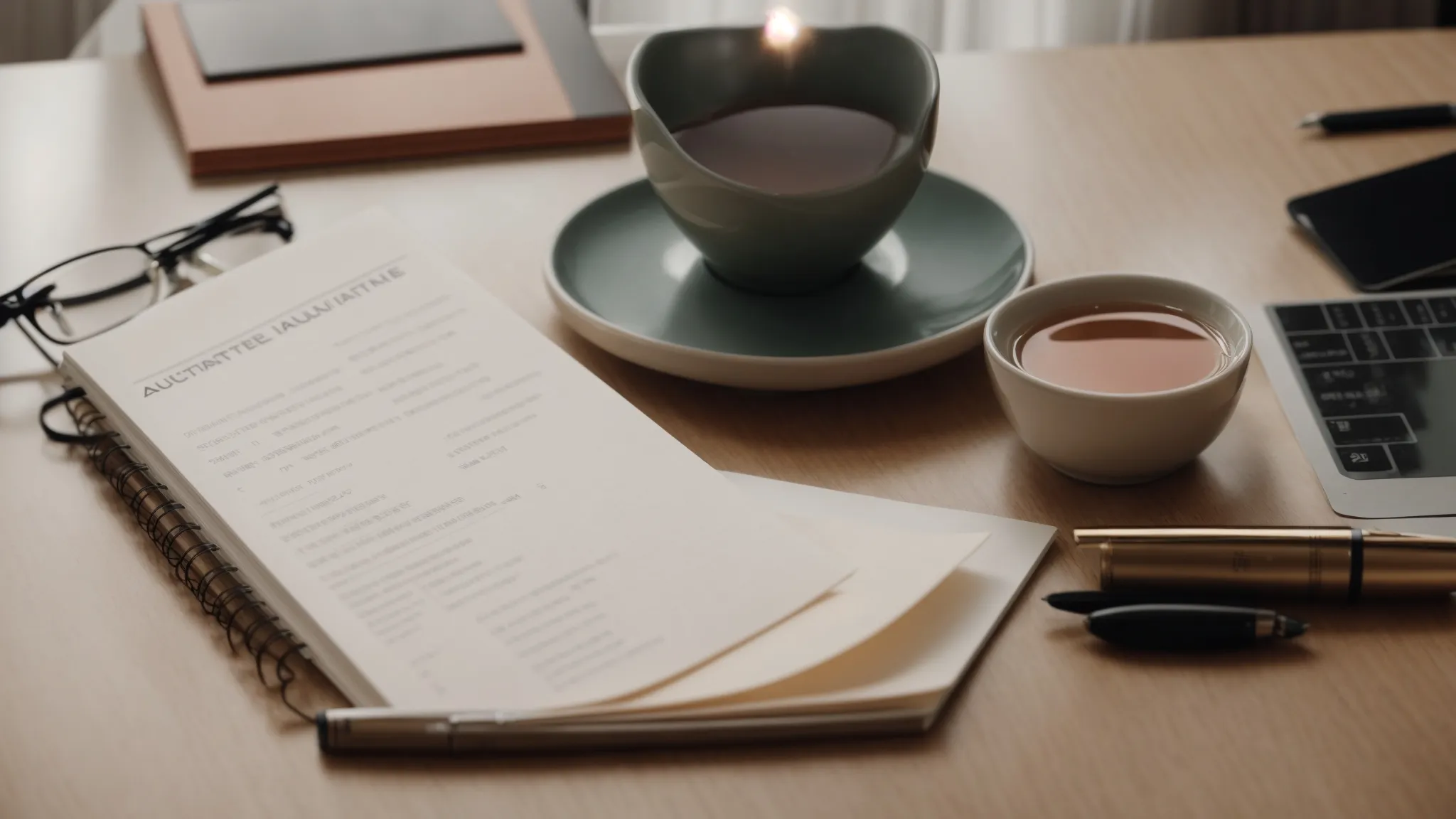 a serene and organized desk with a notebook open to a funeral planning checklist, a pen, and a cup of calming tea.