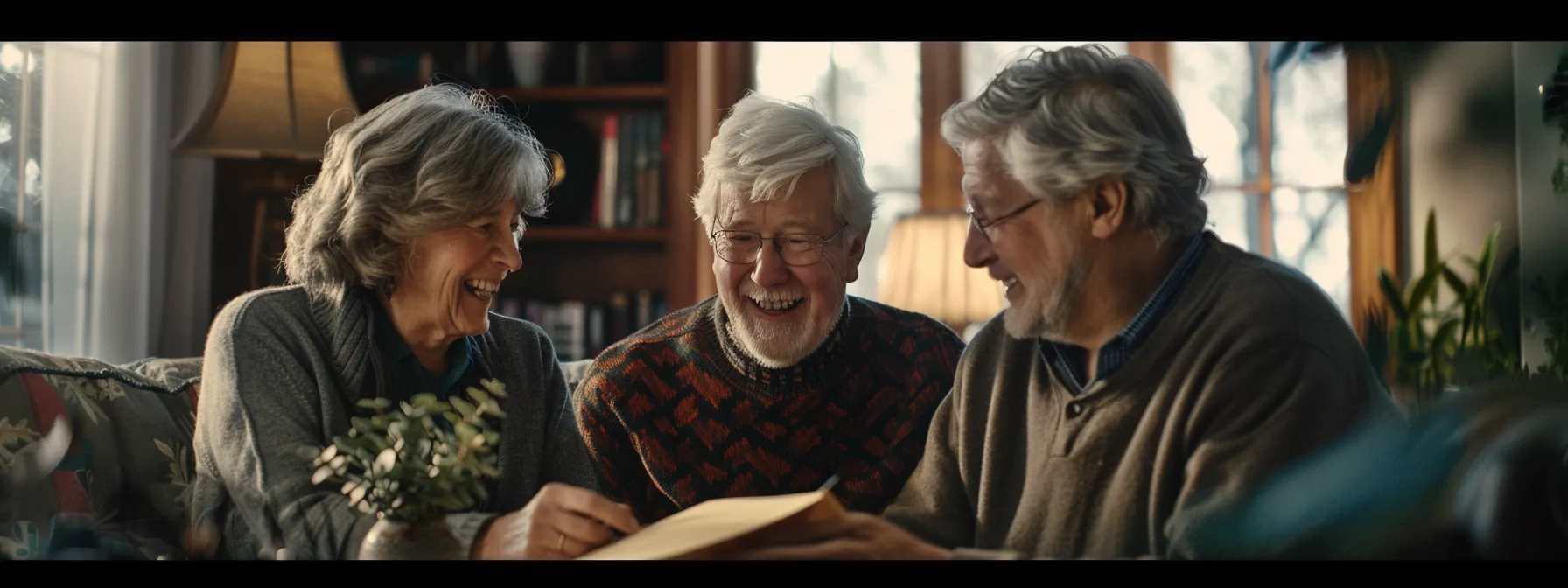 a senior couple smiling and reviewing final expense insurance policy options with a knowledgeable adviser at a cozy office.