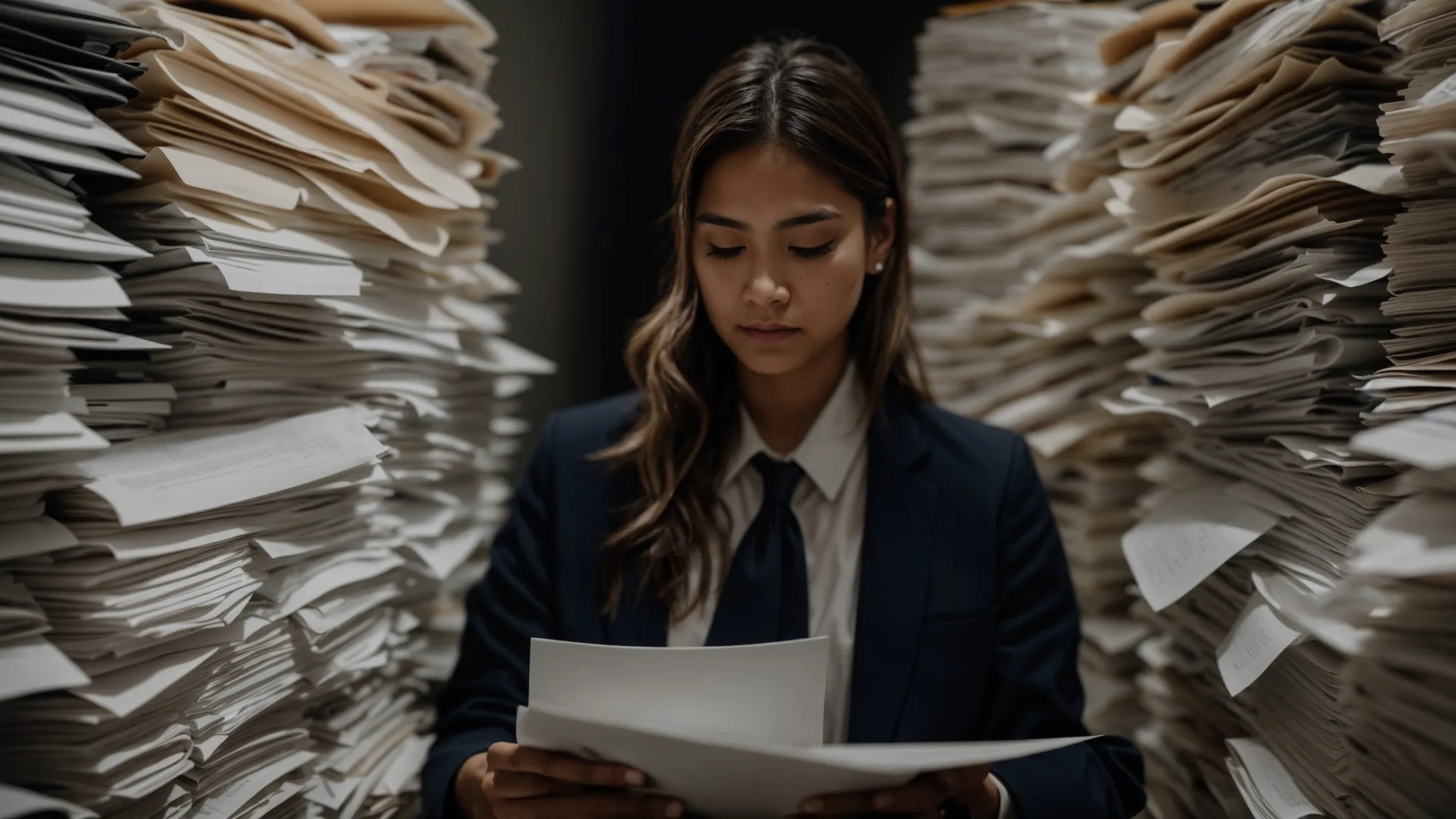 a person carefully organizing paperwork with a determined expression, surrounded by files and documents, as they navigate the insurance claim process after a loss.