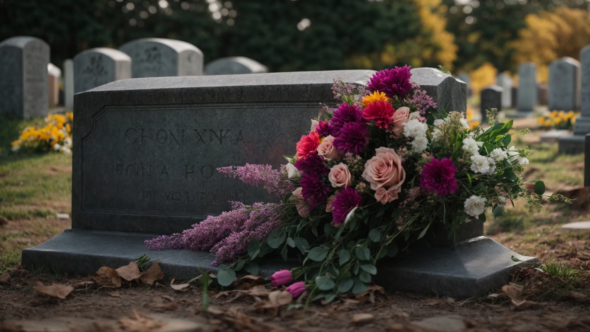 a somber cemetery scene with a colorful bouquet of flowers placed on a weathered headstone, symbolizing the financial impact of funerals.