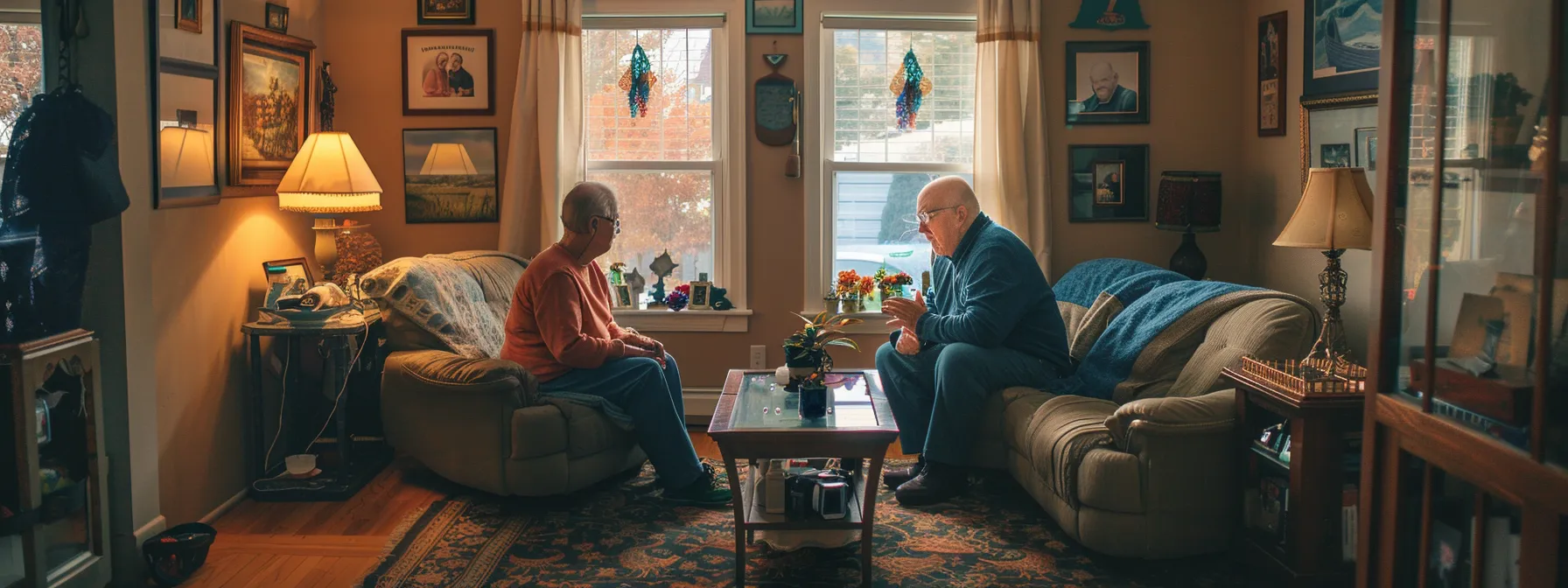 a serene elderly couple sitting together in a cozy living room, surrounded by family photos and comforting decorations, discussing final expense insurance options.