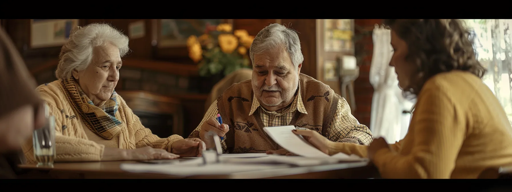 an older couple sitting at a table with a friendly insurance agent, discussing final expense insurance options and filling out paperwork.