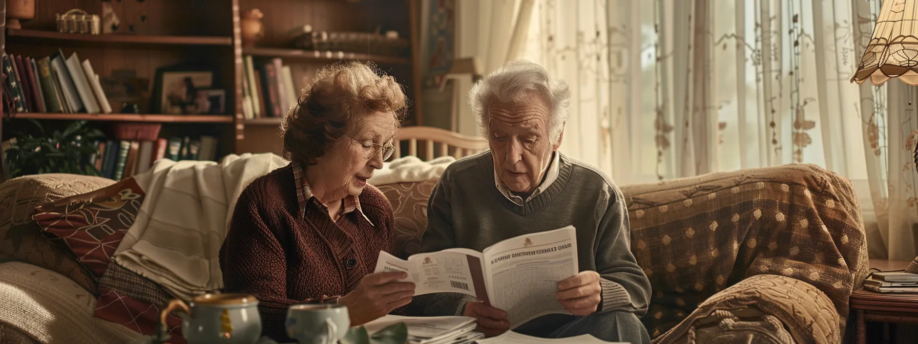 a somber elderly couple reviewing important paperwork in a cozy living room, with a final expense insurance brochure prominently displayed on the table.