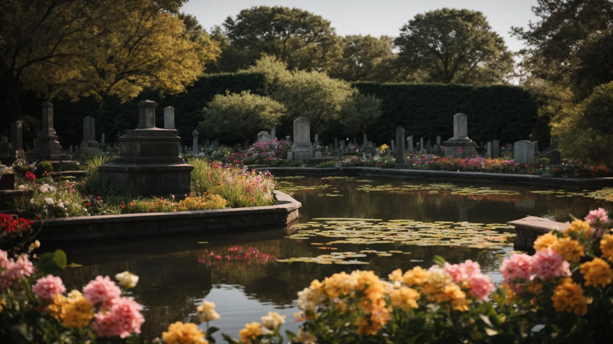 a serene cemetery setting with a tranquil pond, surrounded by vibrant flowers, showcasing the peace and support final expense insurance can provide.