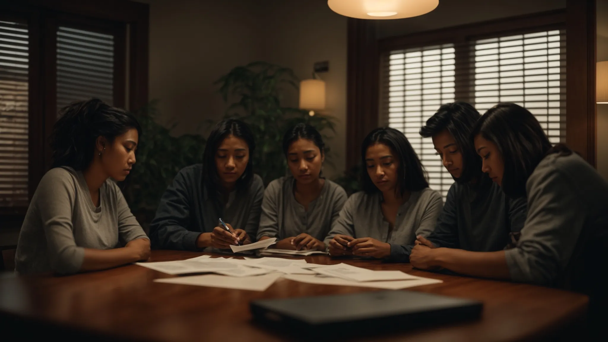 a somber family gathering around a dining table, staring at a stack of unpaid bills and funeral expenses, with a look of worry and uncertainty written on their faces.