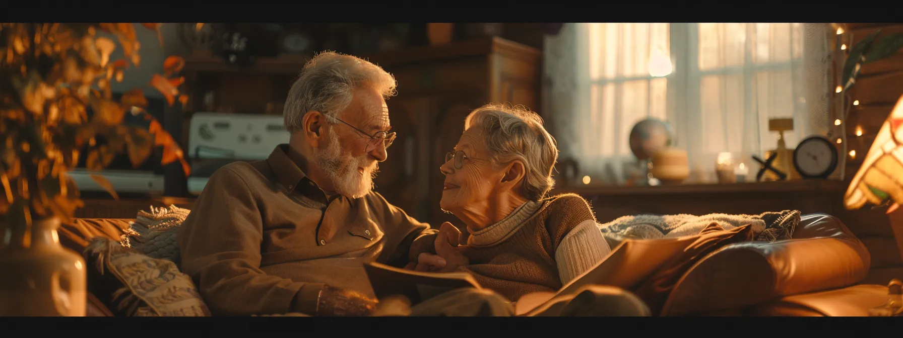 a photo of a senior couple sitting together, comparing final expense insurance and prepaid funeral plans on a cozy living room table.