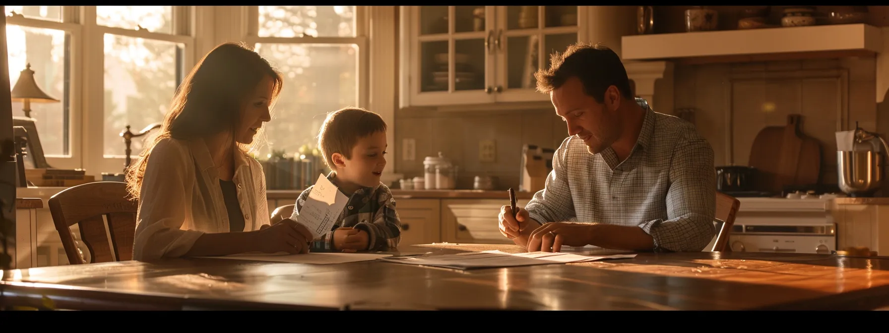 a family sitting at a kitchen table, reviewing final expense insurance paperwork with a helpful agent, surrounded by a warm, inviting atmosphere.