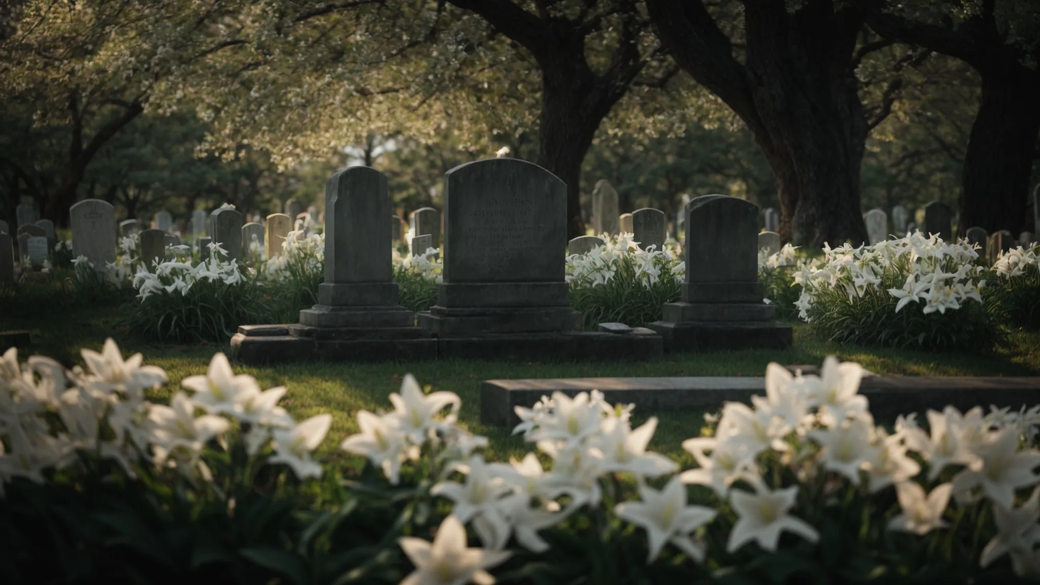 a serene graveyard with a peaceful tombstone surrounded by blooming white lilies.