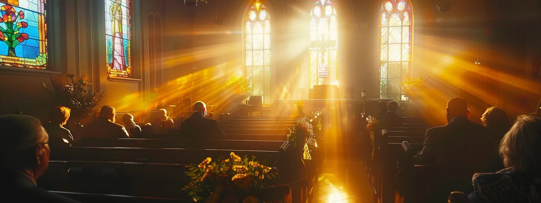 a comforting scene of a peaceful funeral service with gentle sunlight streaming through stained glass windows, showcasing the financial peace of mind provided by final expense insurance plans.