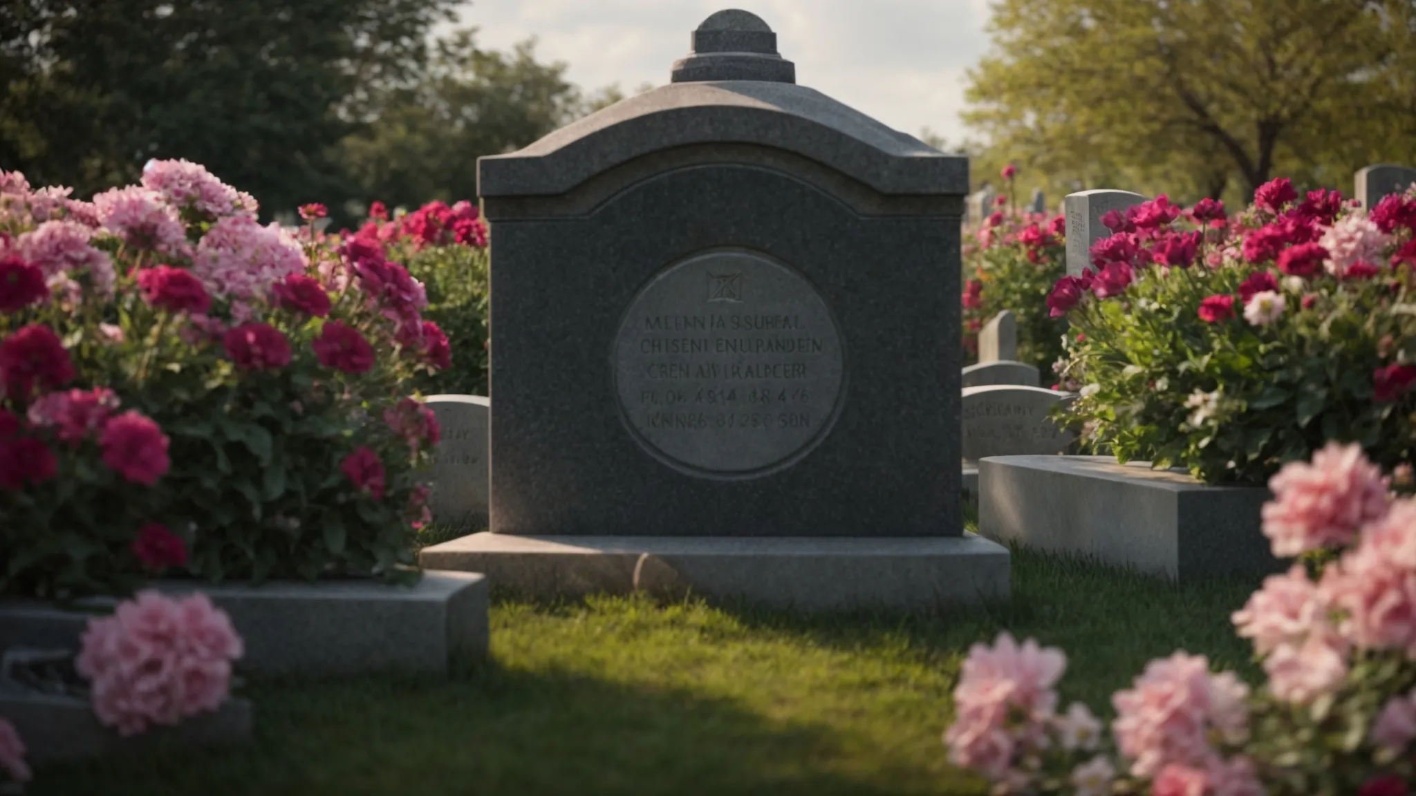 a serene cemetery with a peaceful landscape and a tombstone adorned with fresh flowers, symbolizing the use of life insurance to cover funeral expenses.