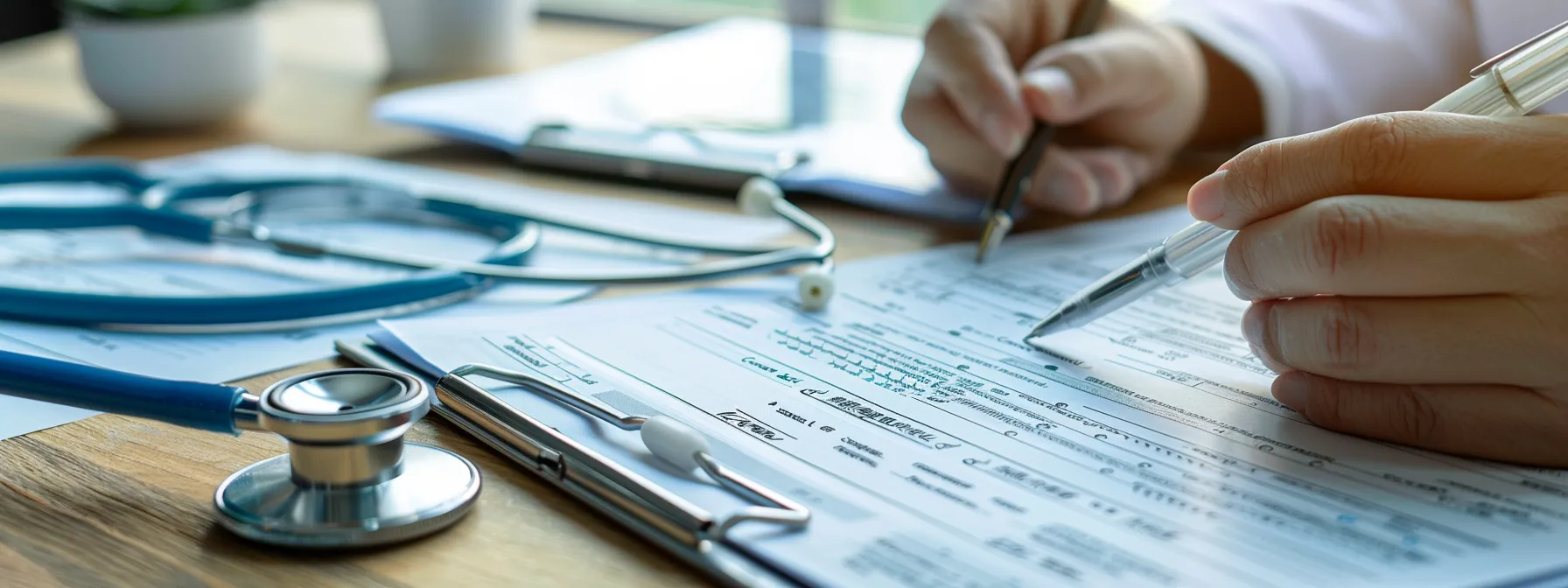 a person collecting personal and medical information with a pen and paper, surrounded by application forms and documents.