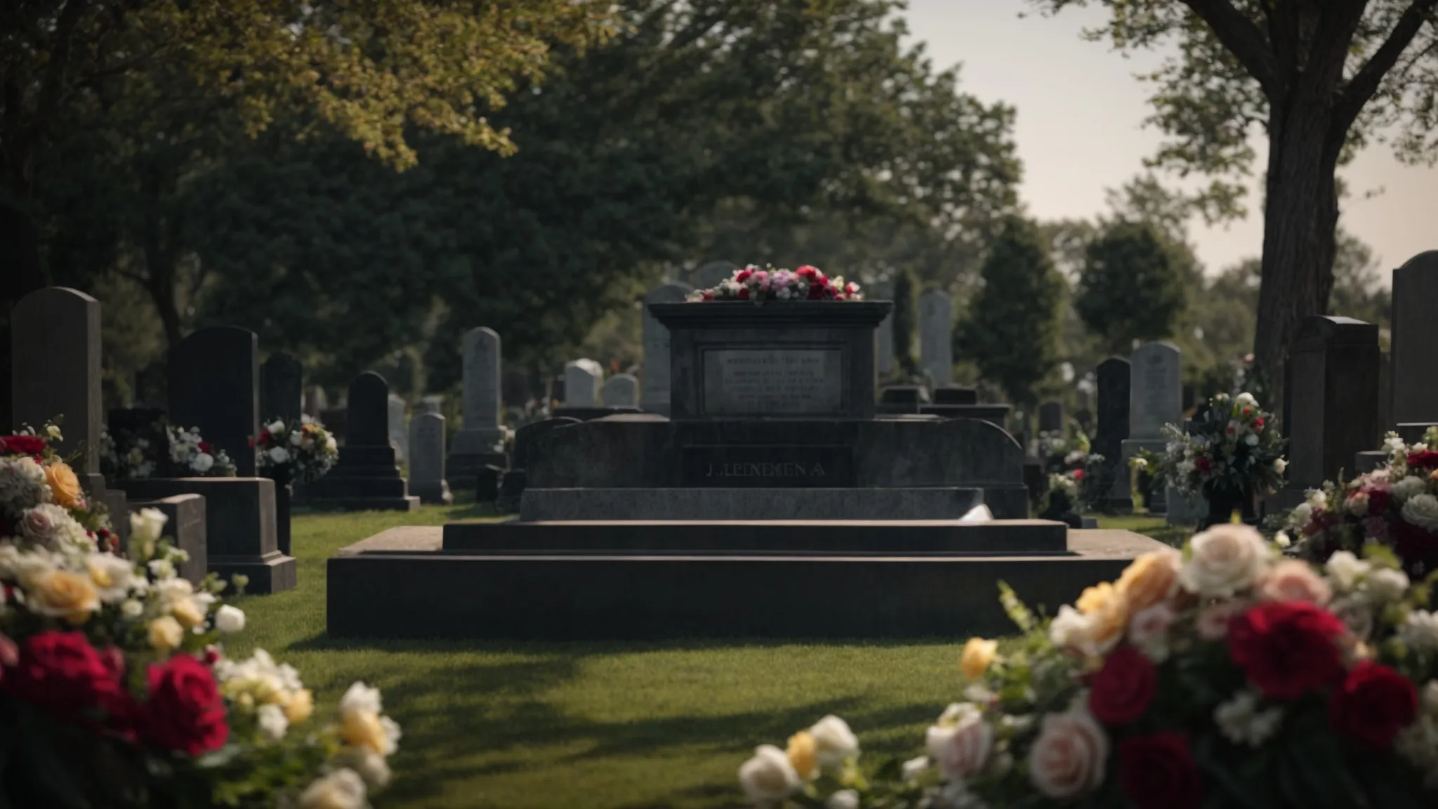 a somber cemetery scene with a tombstone surrounded by expensive floral arrangements and a looming funeral director, highlighting the rising costs and financial burden of funerals.