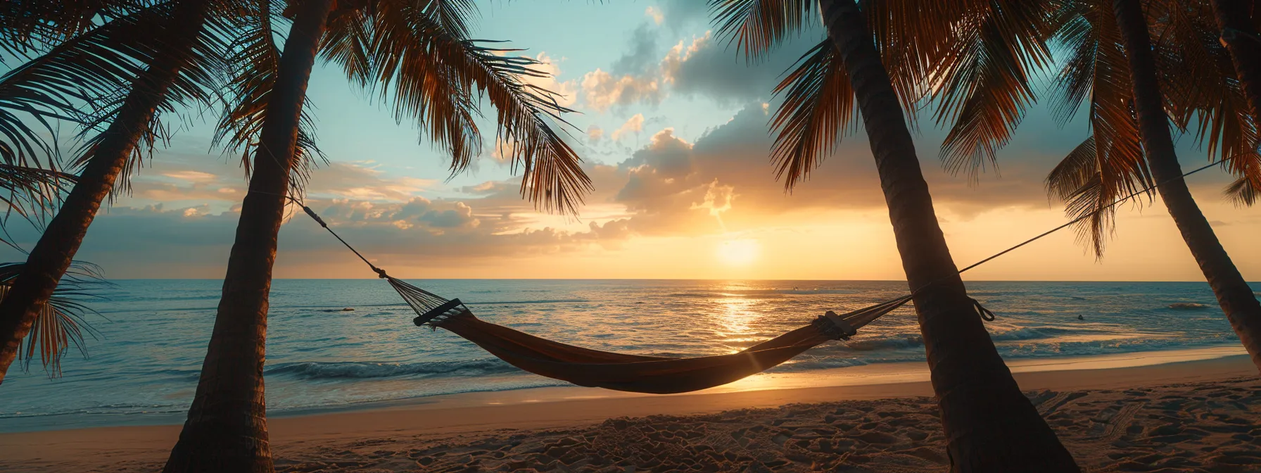 a serene beach sunset with a hammock hanging between two palm trees, symbolizing relaxation and peace of mind offered by index universal life insurance.