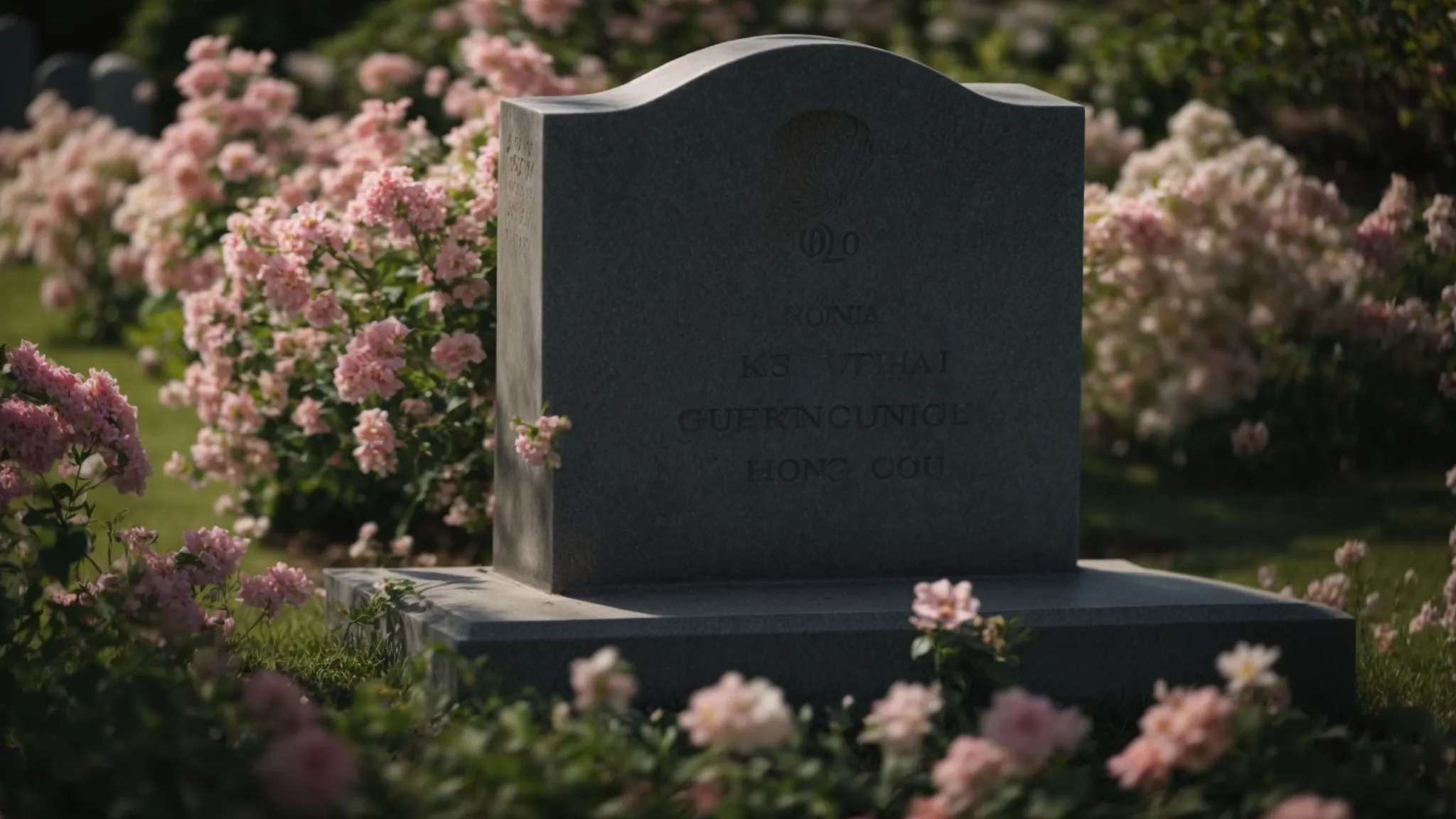 a serene gravestone surrounded by blooming flowers and a gentle breeze, symbolizing the peace and security offered by final expense life insurance.