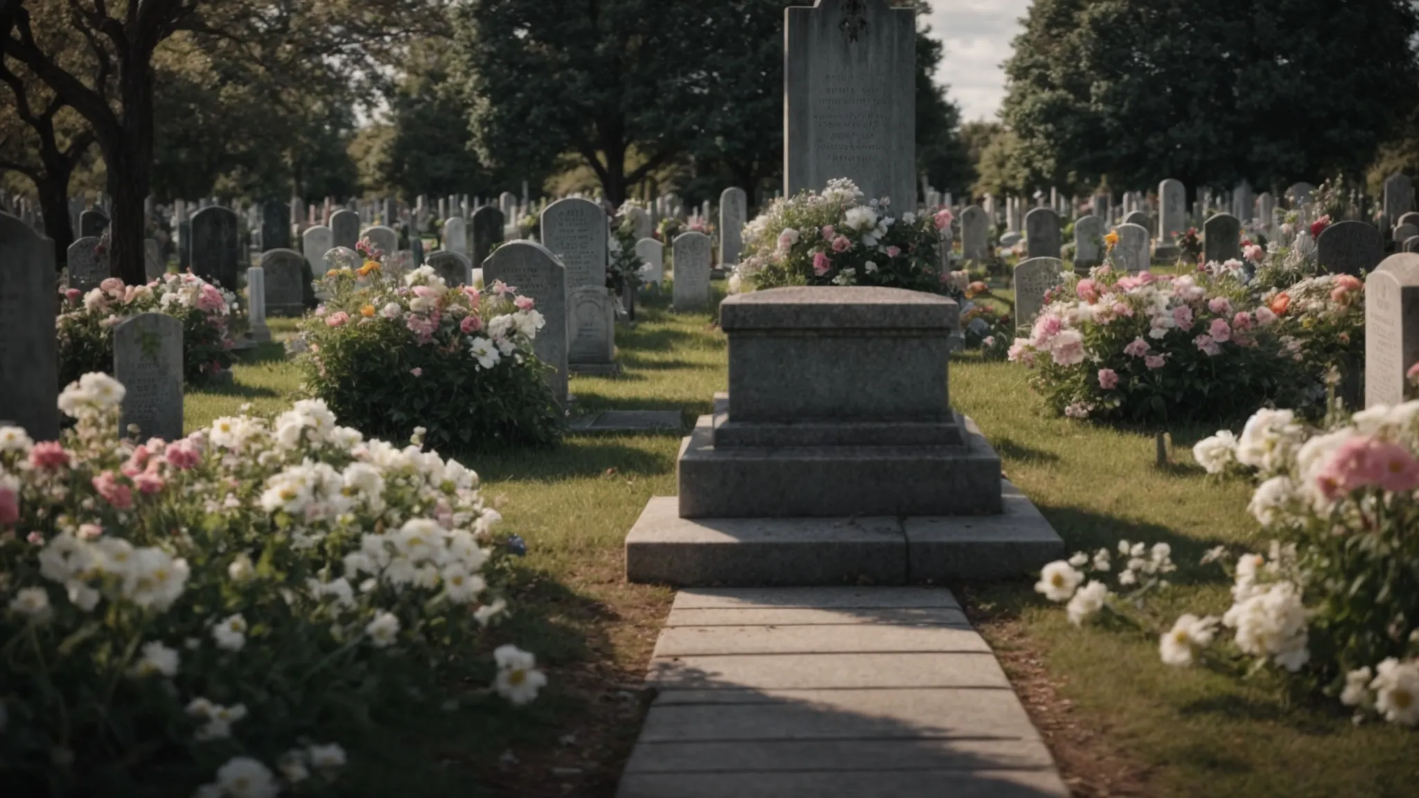 a peaceful cemetery with a simple headstone surrounded by flowers, symbolizing cost-effective funeral planning strategies.