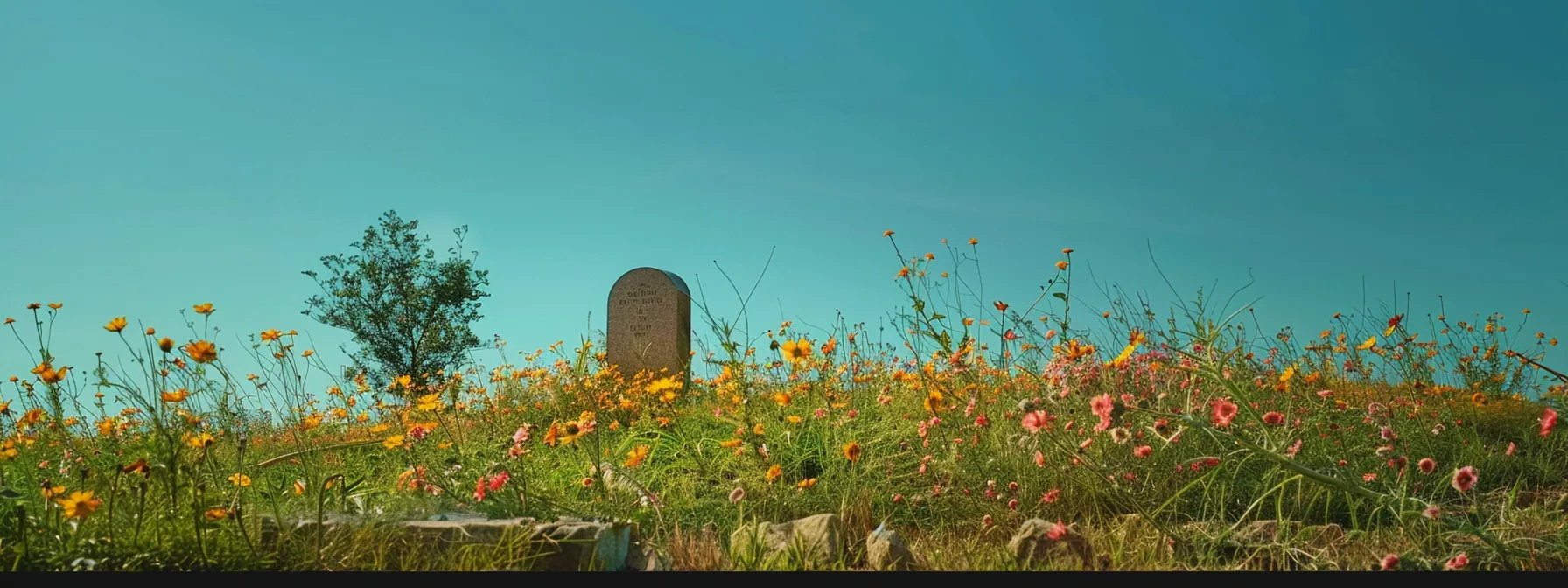 a lone gravestone in a serene cemetery, surrounded by vibrant flowers and gently swaying trees under a clear blue sky.