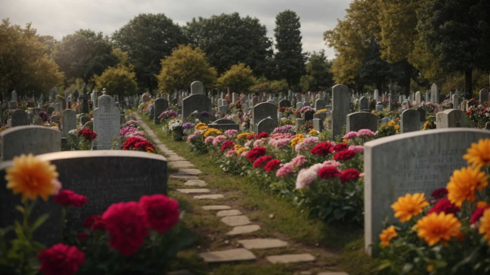 a serene cemetery with colorful flowers and a peaceful atmosphere, symbolizing alternative insurance solutions for funerals.