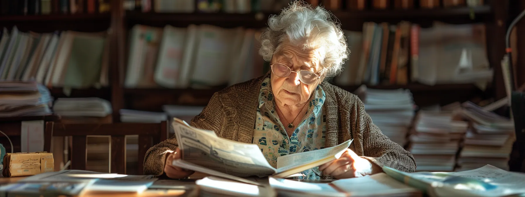 a somber elderly woman sitting at a table covered with paperwork, surrounded by bills and funeral brochures.