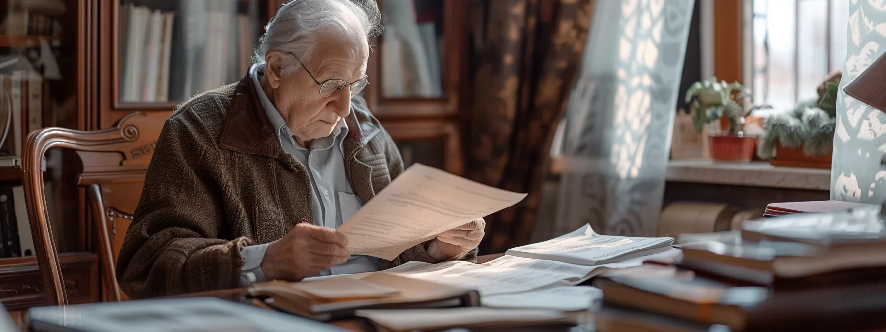 a senior carefully examining different final expense policy options at a desk covered in paperwork and financial documents.