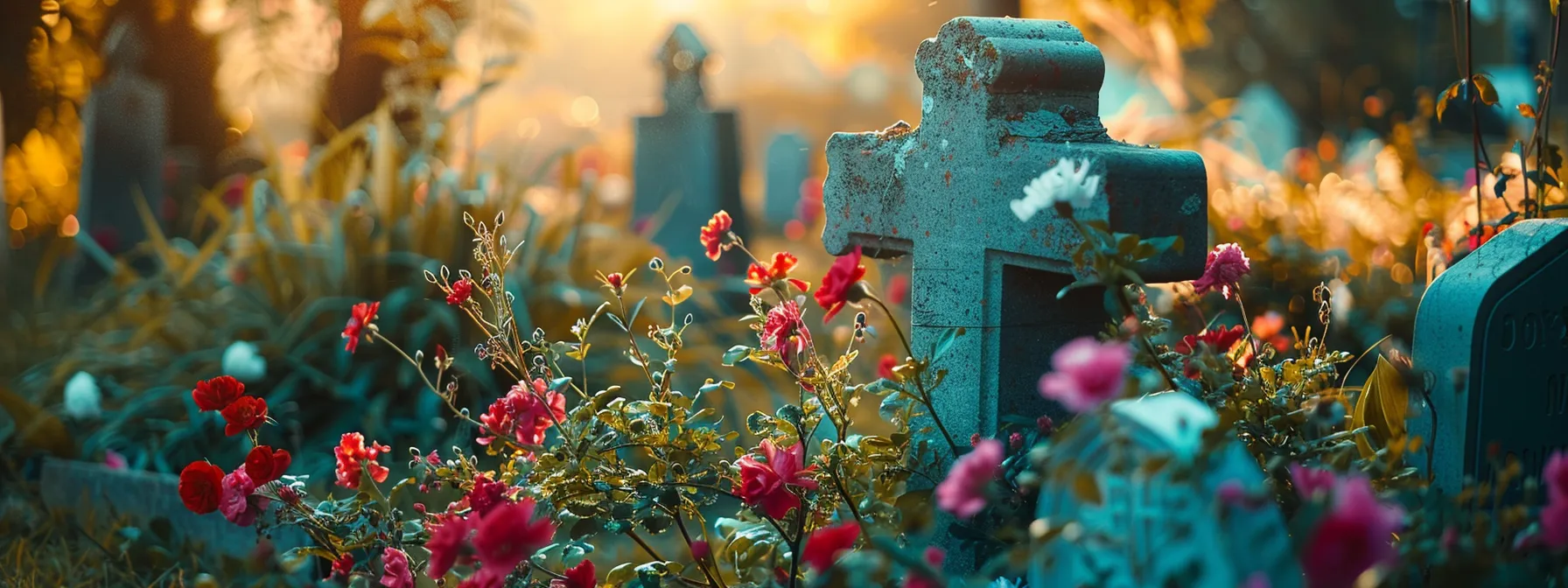 a serene cemetery with a beautiful headstone surrounded by colorful flowers and a peaceful atmosphere.