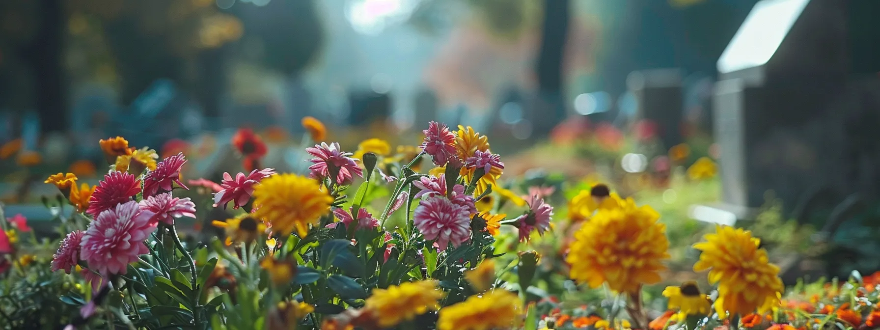 a serene cemetery with colorful flowers and peaceful gravestones, representing the need for final expense insurance to cover burial costs.