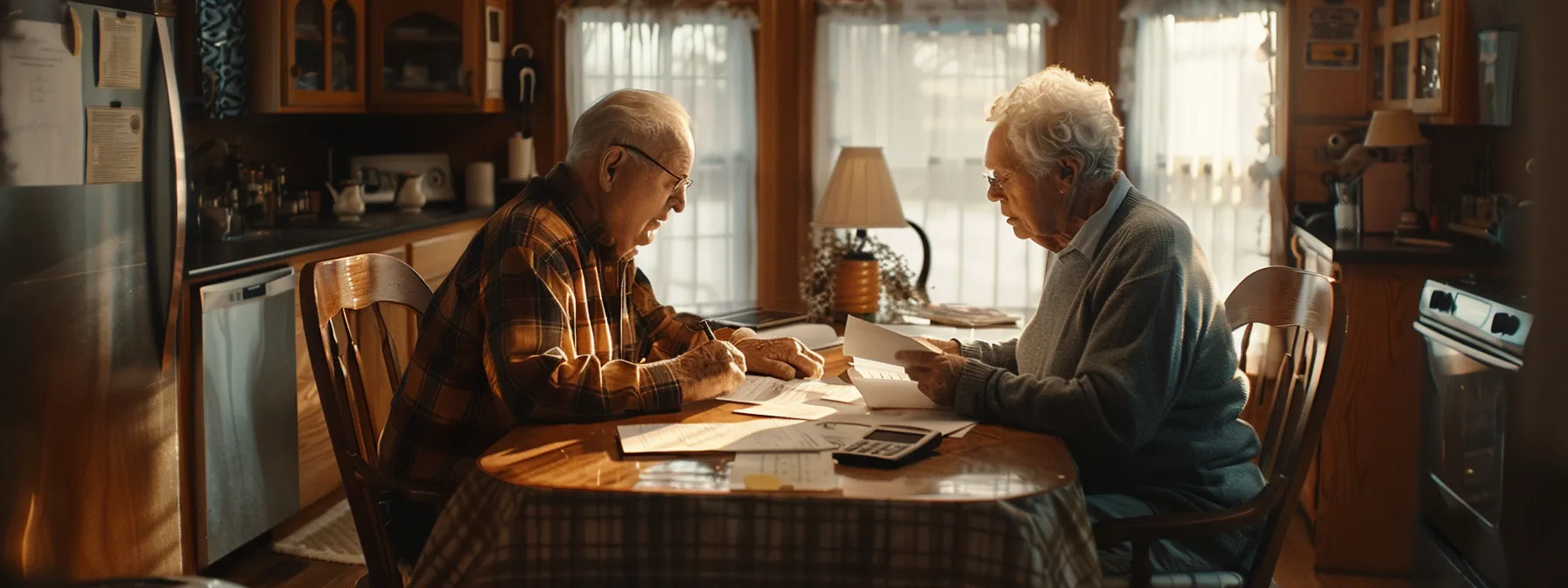 a serene photo of an elderly couple reviewing final expense insurance options while sitting at a cozy kitchen table, surrounded by paperwork and a calculator.