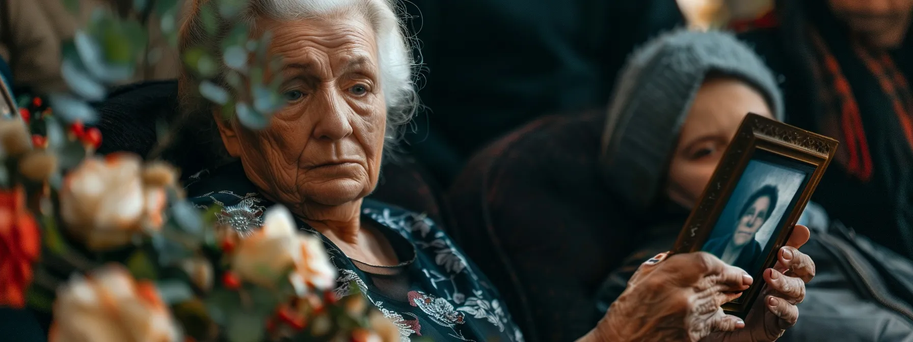 a somber elderly woman holding a photo of her late husband, surrounded by mourning family members and a funeral wreath, highlighting the importance of final expense insurance.