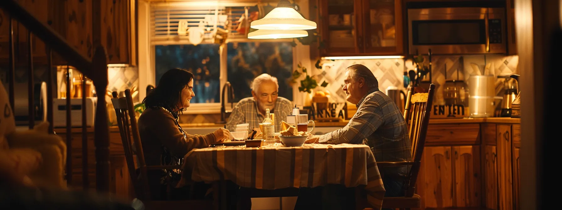 a caring adult child sitting with their elderly parents, discussing final expense insurance options at a cozy kitchen table.