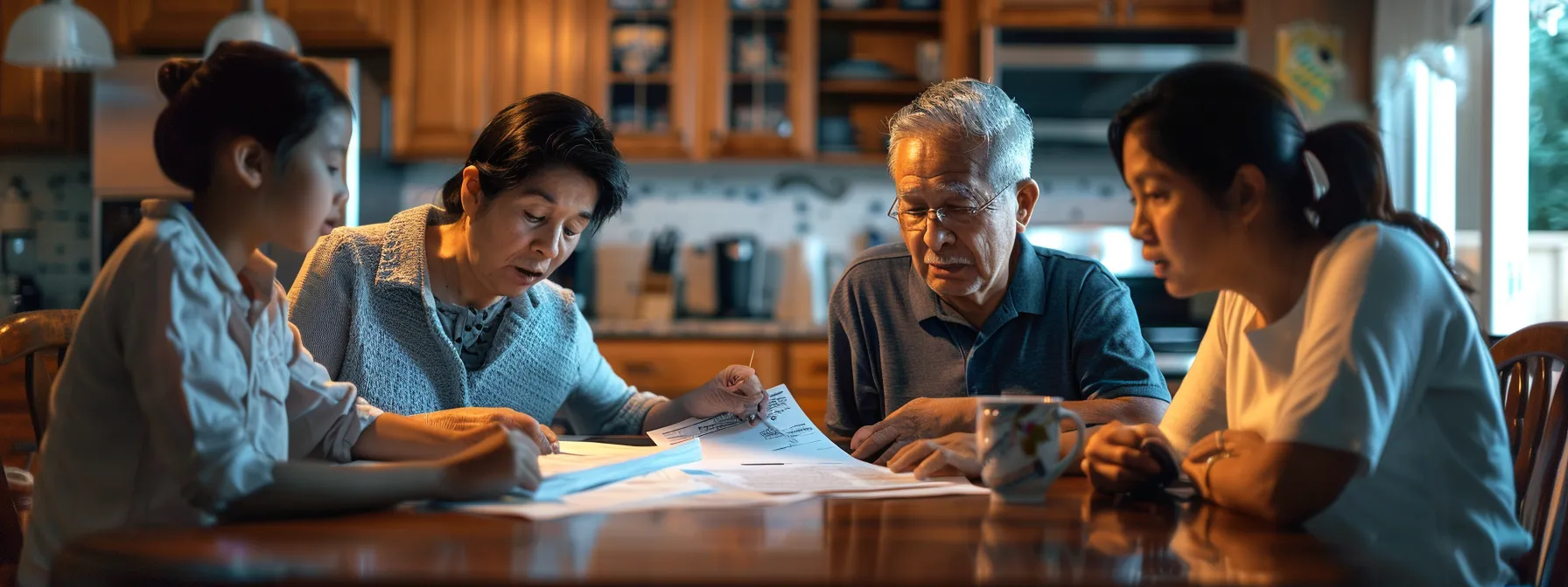 a family sitting around a kitchen table, reviewing paperwork and discussing insurance coverage for their elderly parents.