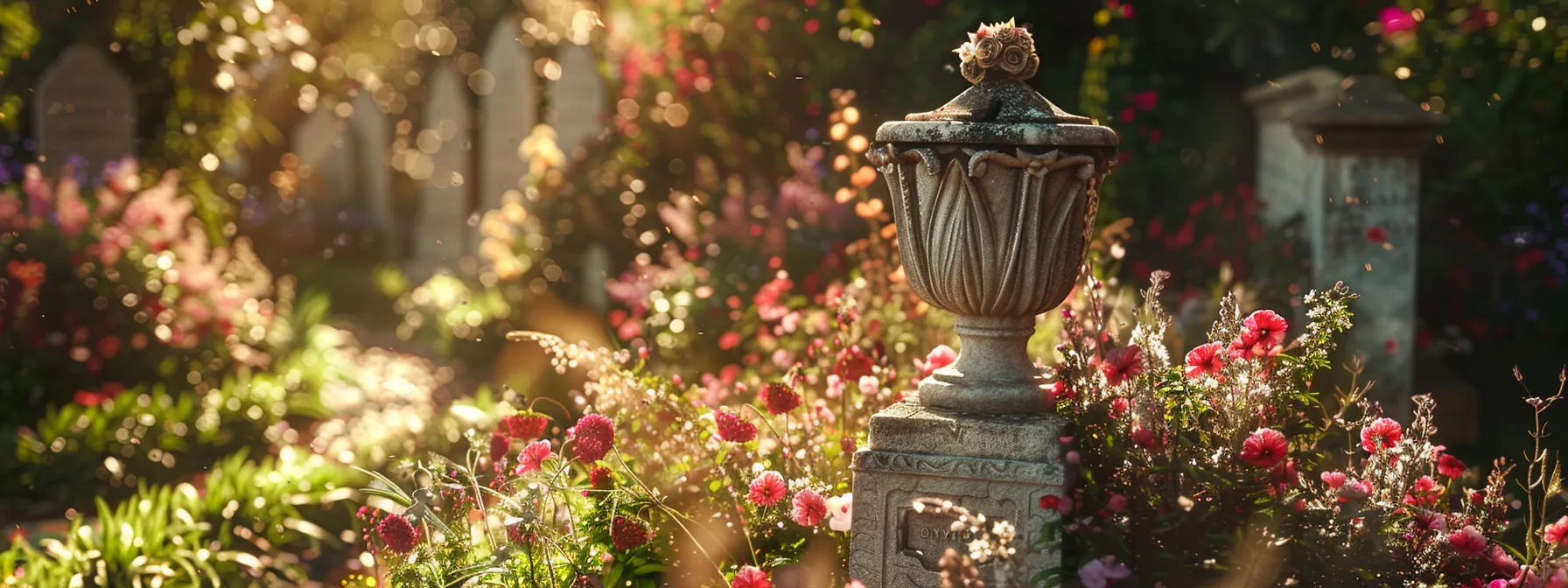 a peaceful cemetery with a beautifully engraved headstone surrounded by flowers, illustrating the financial protection offered by final expense insurance.