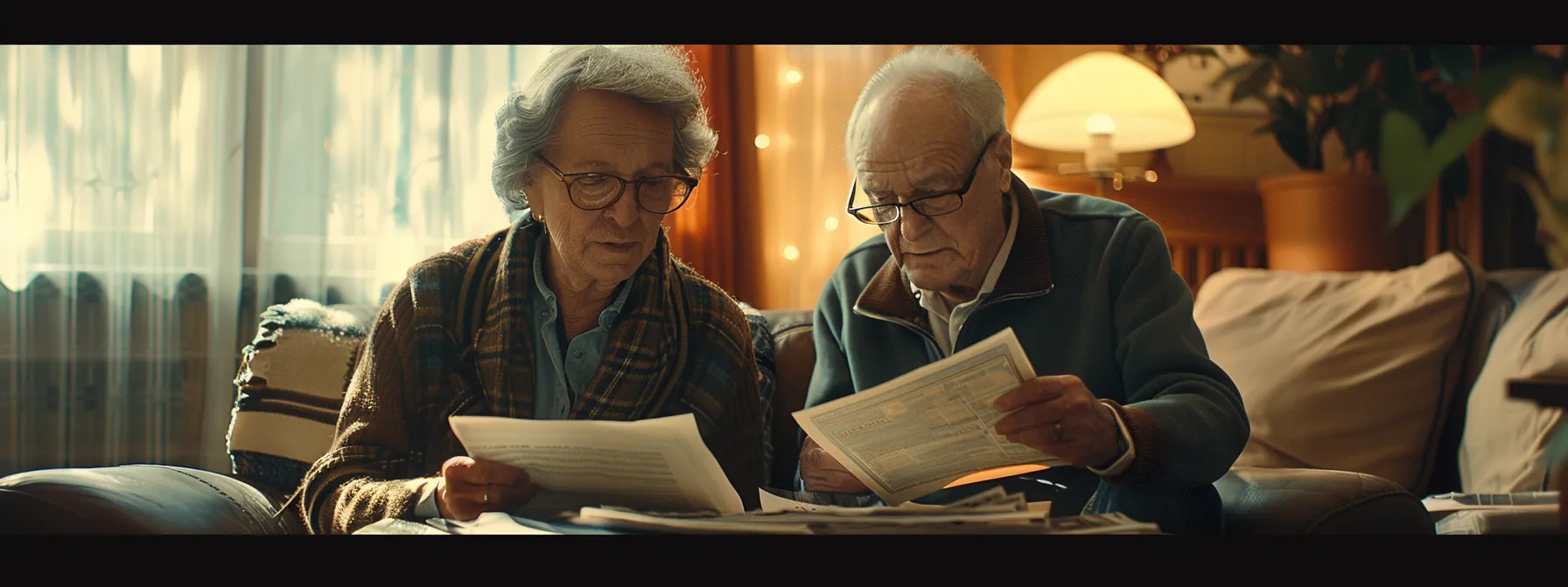 a peaceful elderly couple reviewing paperwork, with a stack of bills and insurance documents on a coffee table in a cozy living room.