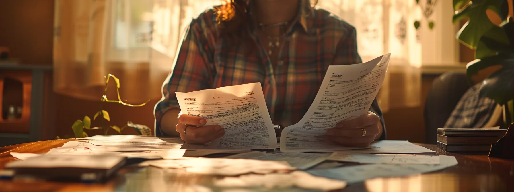 a person carefully reviewing two insurance policies side by side, surrounded by papers and notes, symbolizing the process of making an informed decision.