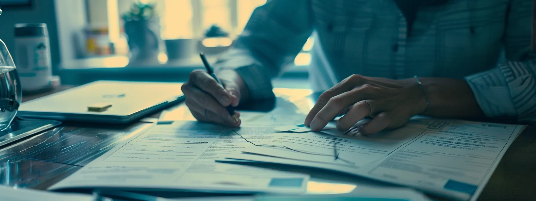 a person filling out a final expense insurance application form with a stack of documents and a medical file on a desk.