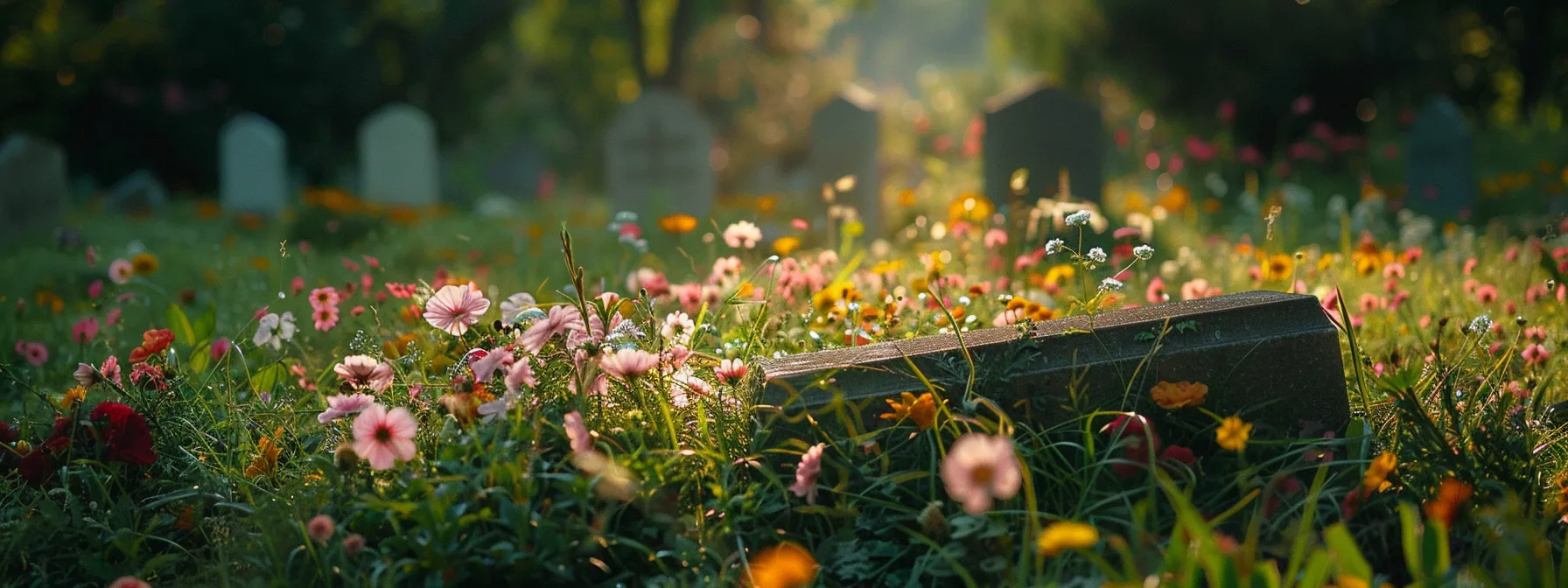 a serene and peaceful cemetery plot with colorful flowers, a simple headstone, and a gentle breeze, symbolizing the ease and comfort final expense insurance can bring to funeral planning.