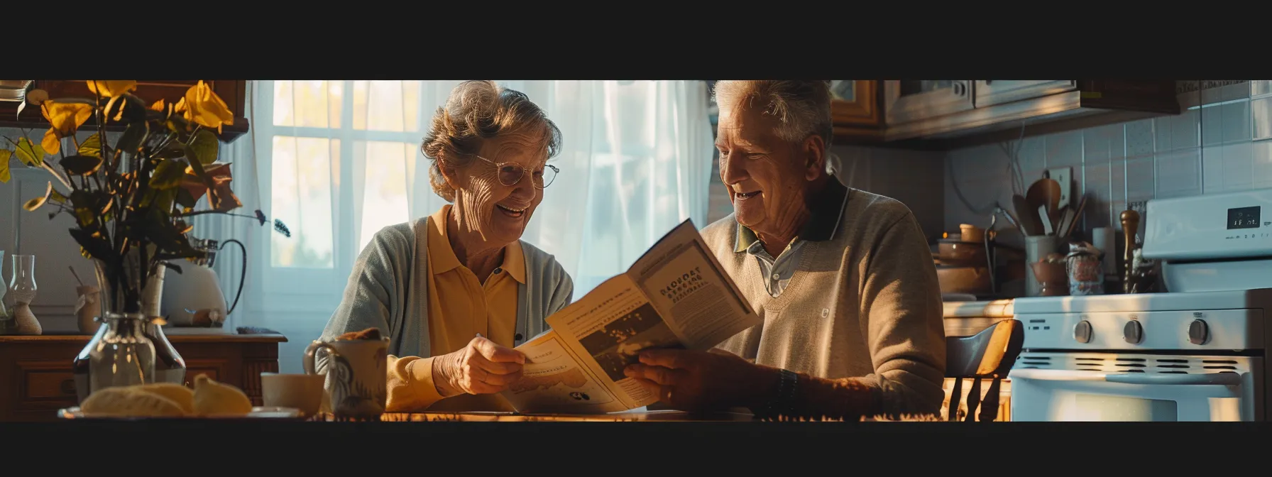 a serene elderly couple smiling while looking at a final expense insurance brochure together at a cozy kitchen table.