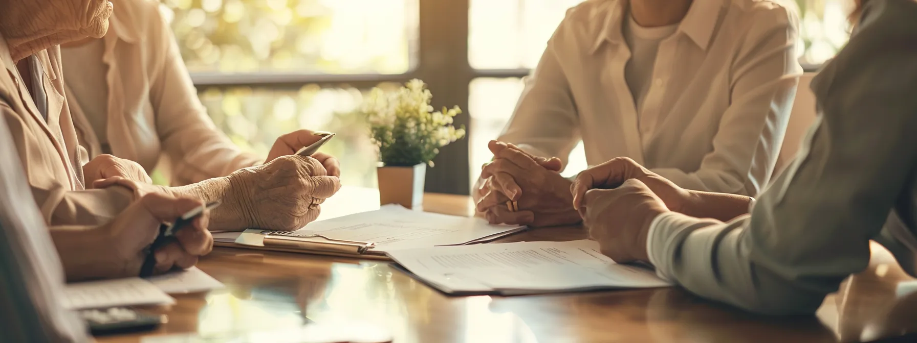 a family sitting around a table with insurance documents, discussing coverage options for their parents.