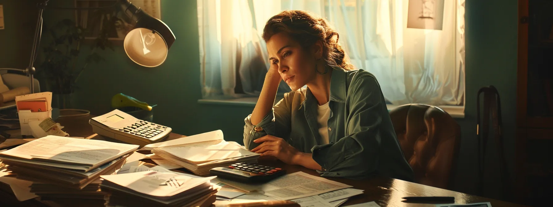 a woman sitting at a desk, surrounded by documents and calculators, deep in thought as she assesses her personal insurance needs.