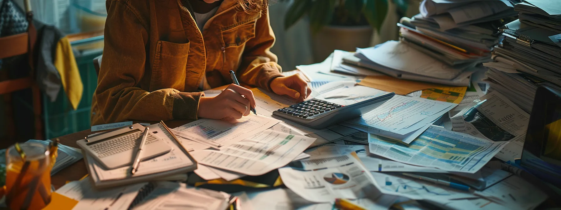 a person studying a detailed financial report with a calculator in hand, surrounded by stacks of paperwork and charts.