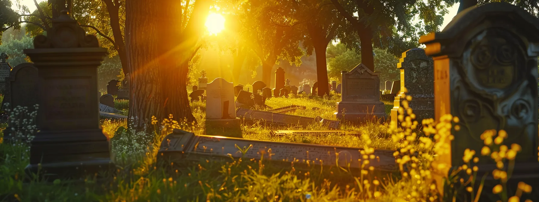 a serene cemetery with beautifully customized gravestones contrasting against the backdrop of a setting sun.