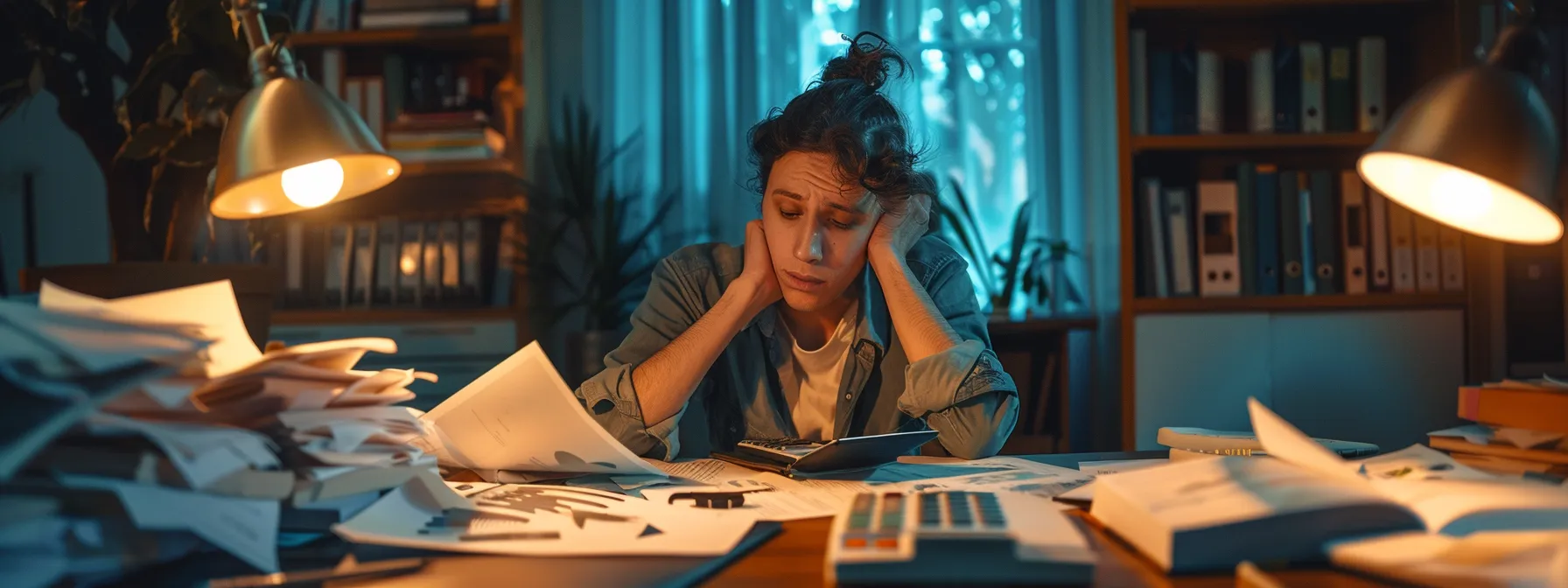 a person sitting at a desk, surrounded by papers and calculators, deep in thought while planning their financial goals and insurance needs.