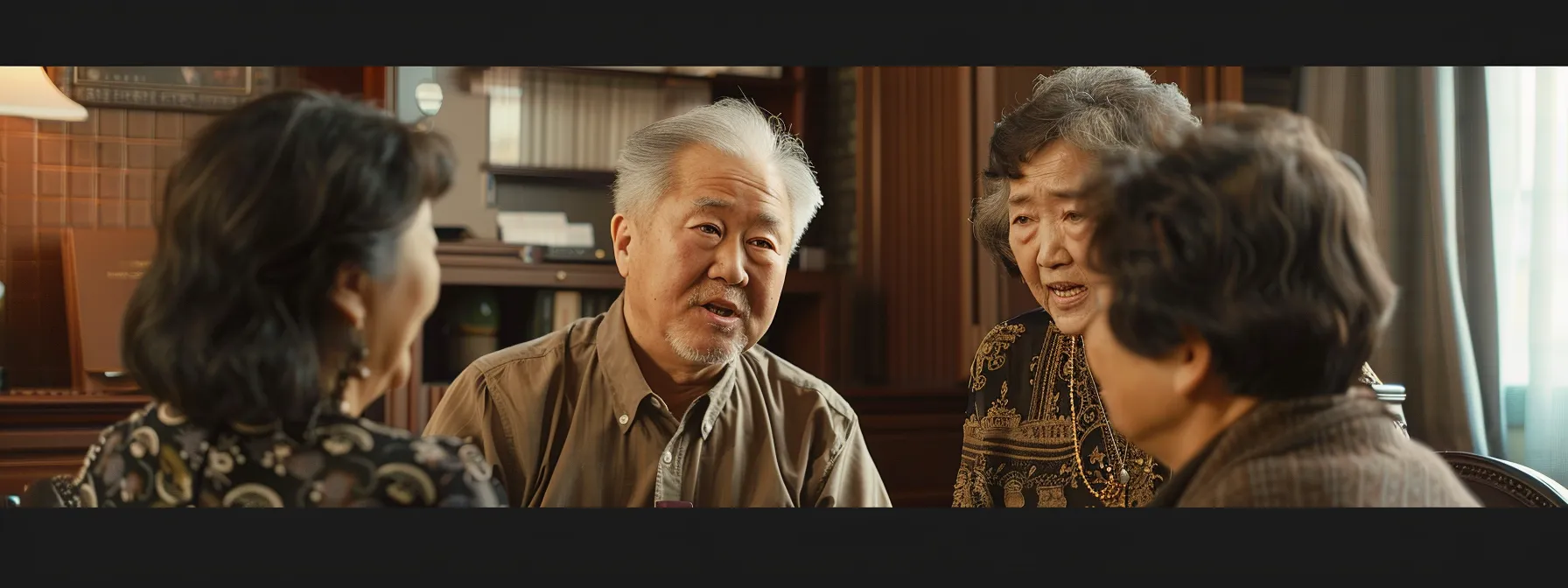 a senior couple sitting patiently at a insurance agent's desk, attentively listening to explanations about waiting periods in final expense policies.