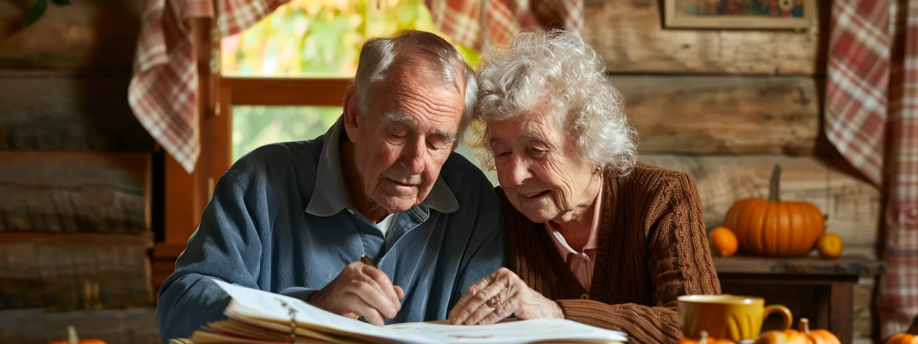 a solemn elderly couple looking over a personalized final expense insurance policy with relieved smiles, surrounded by peaceful, comforting surroundings.