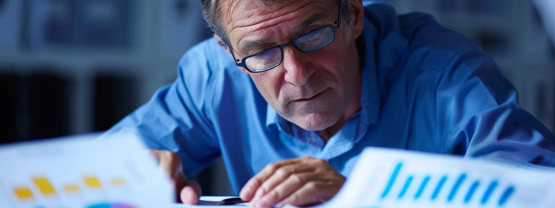 a somber senior man examining insurance documents with a concerned expression, surrounded by charts and graphs showing factors affecting final expense coverage amount.